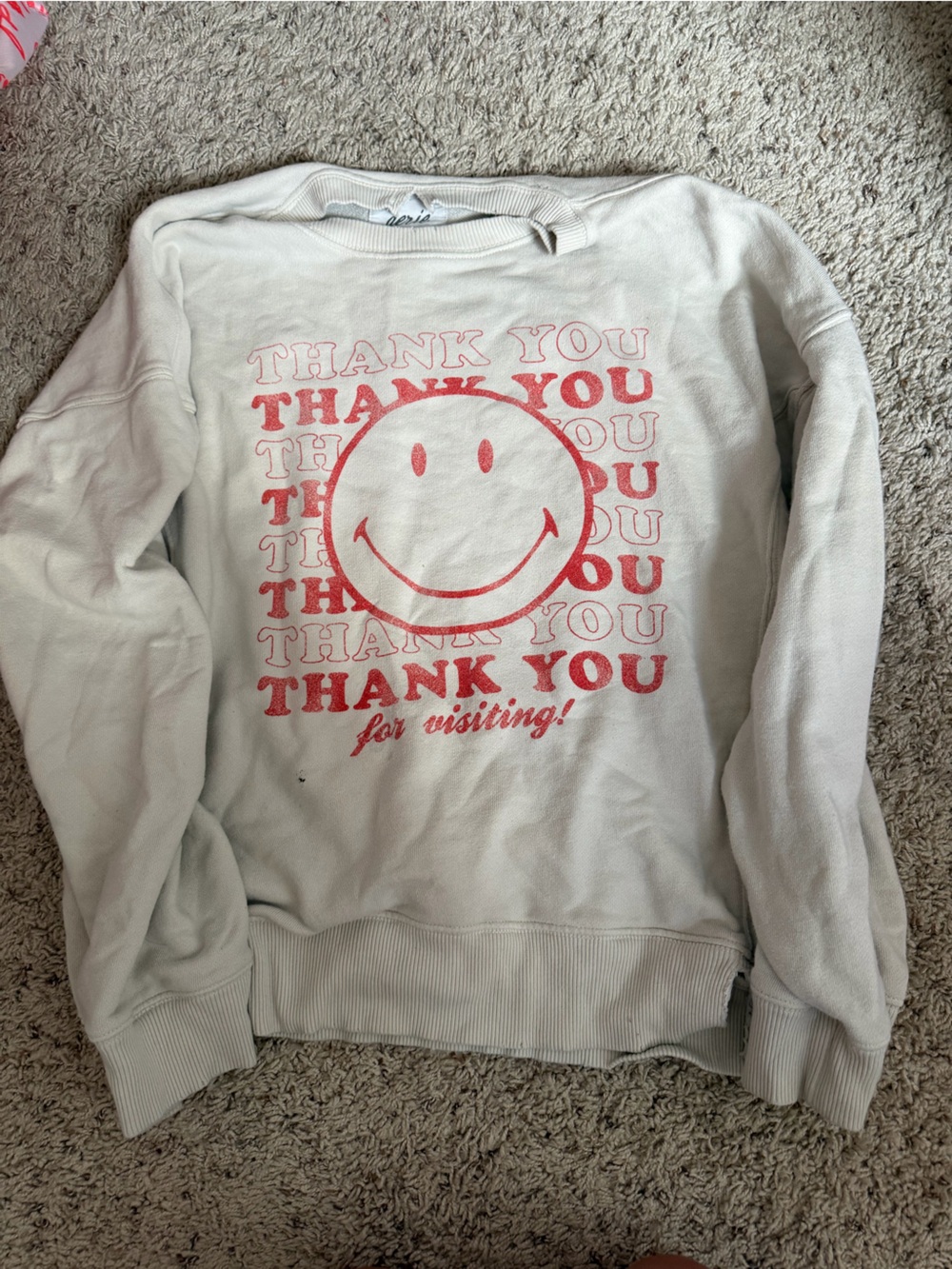 aerie Cream Pullover Sweatshirt with Pink Graphic Smile
